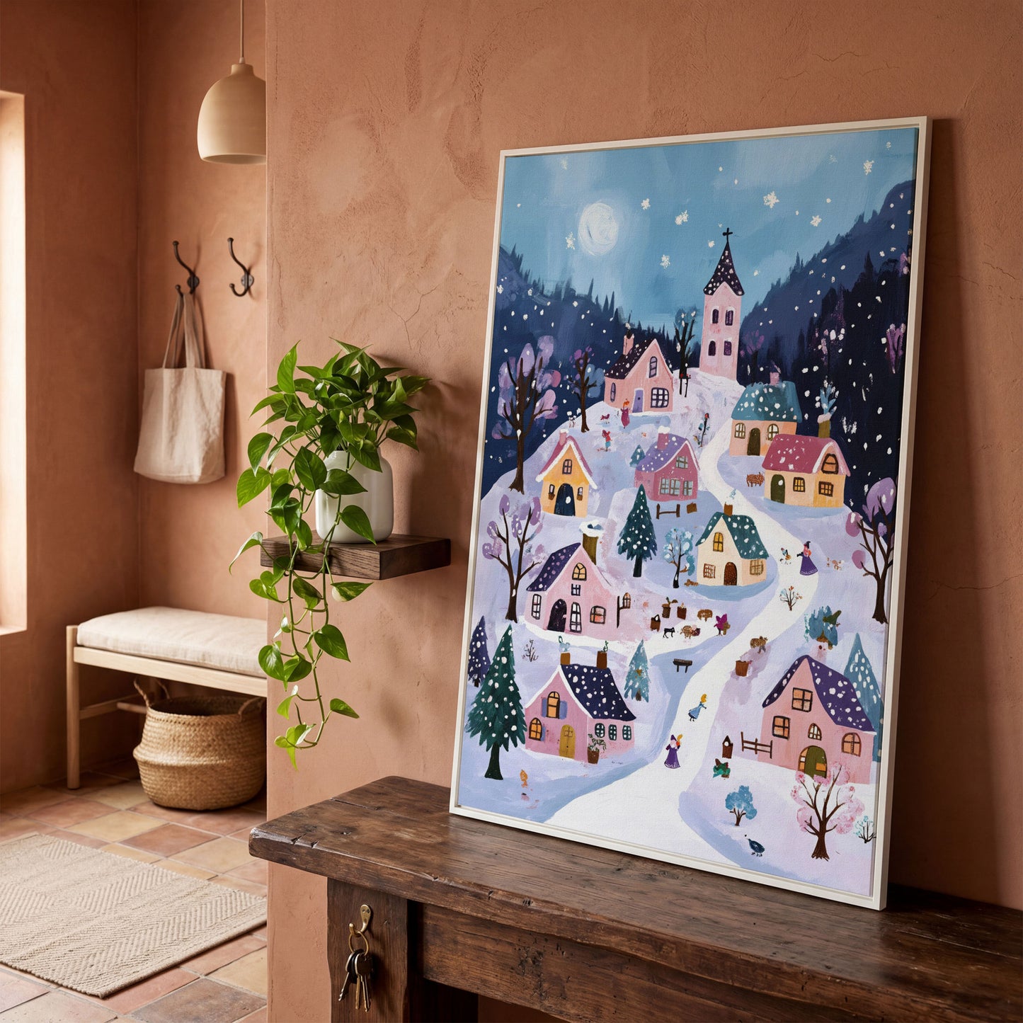 Snowy Winter Village Canvas Print in white floating frame