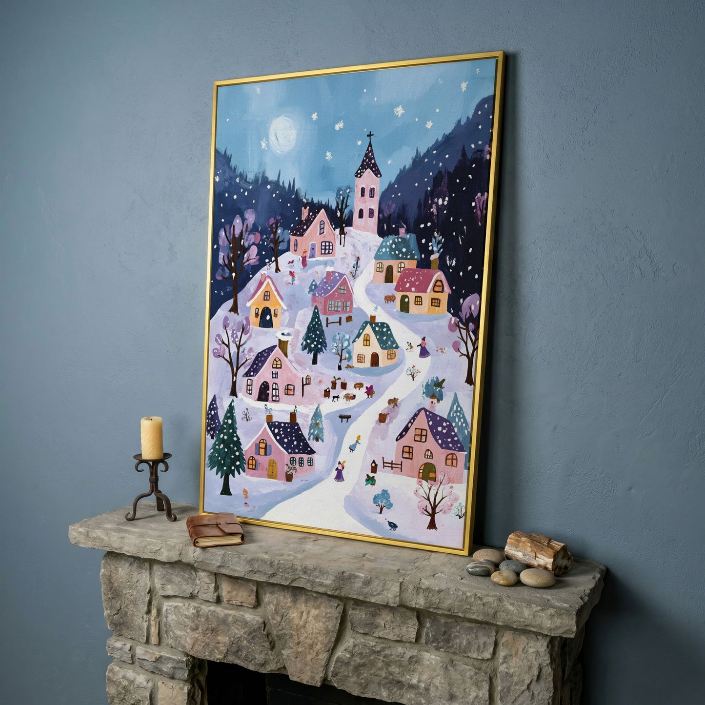 Snowy Winter Village Canvas Print in yellow gold floating frame