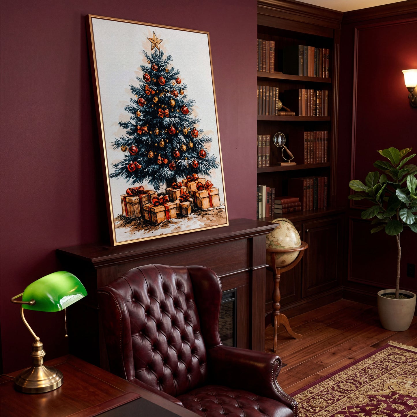 Christmas Tree with Gifts Canvas in Ochre and Crimson in antique gold floating frame