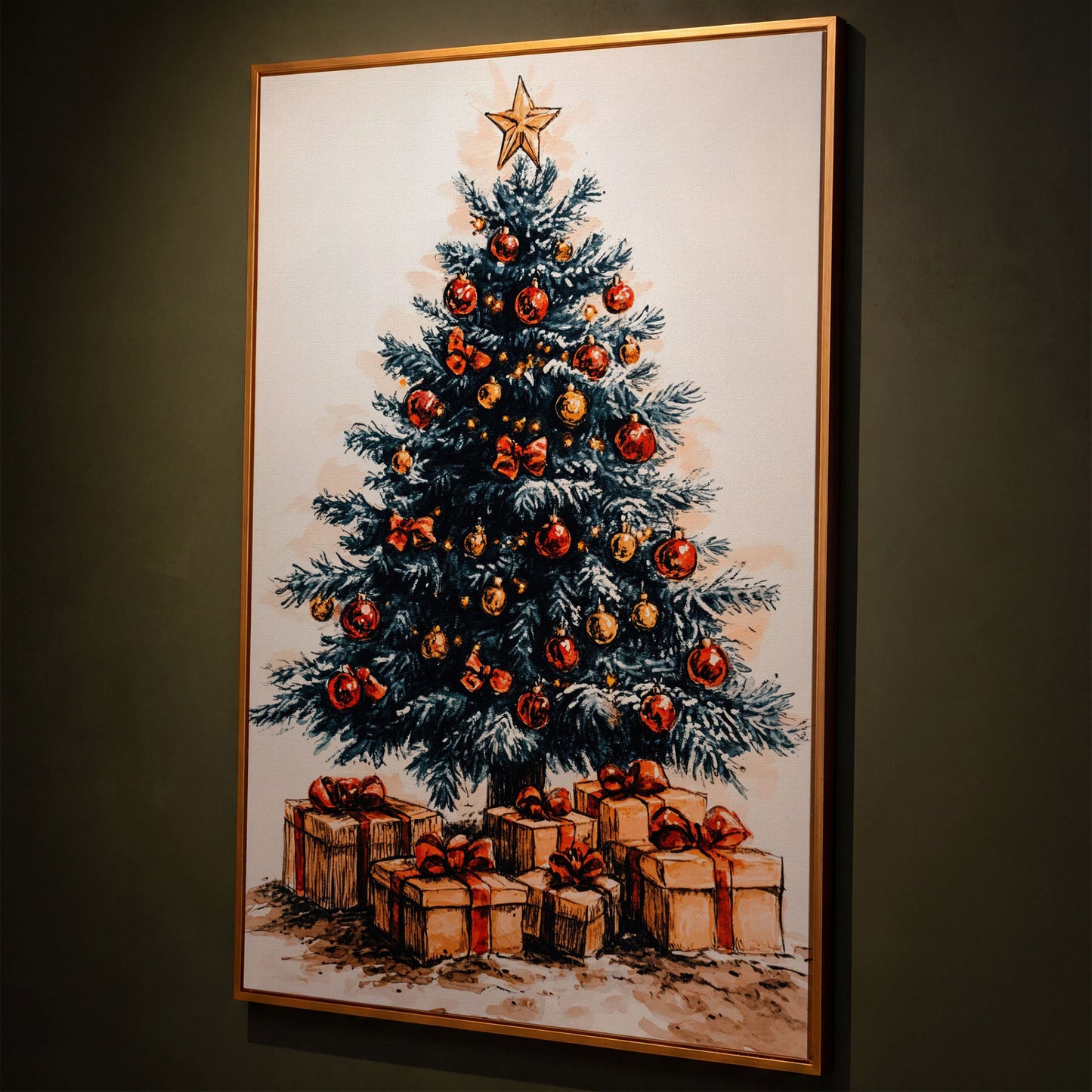 Christmas Tree with Gifts Canvas in Ochre and Crimson shown in antique gold floating frame