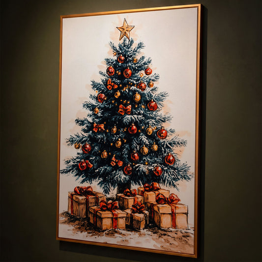 Christmas Tree with Gifts Canvas in Ochre and Crimson shown in antique gold floating frame