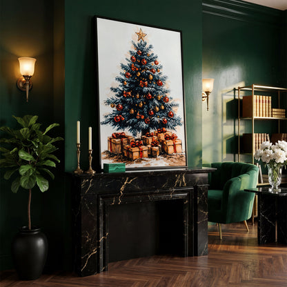 Christmas Tree with Gifts Canvas in Ochre and Crimson in black floating frame
