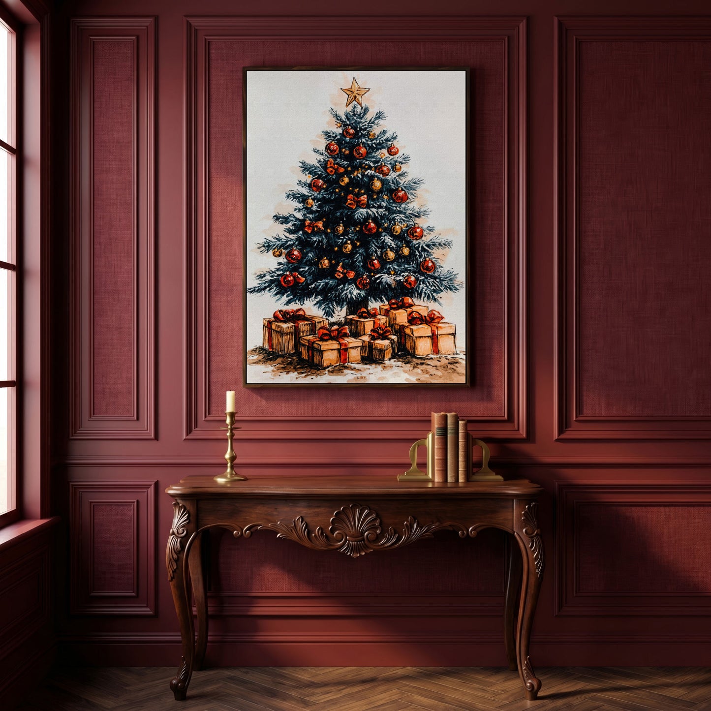 Christmas Tree with Gifts Canvas in Ochre and Crimson in dark walnut floating frame