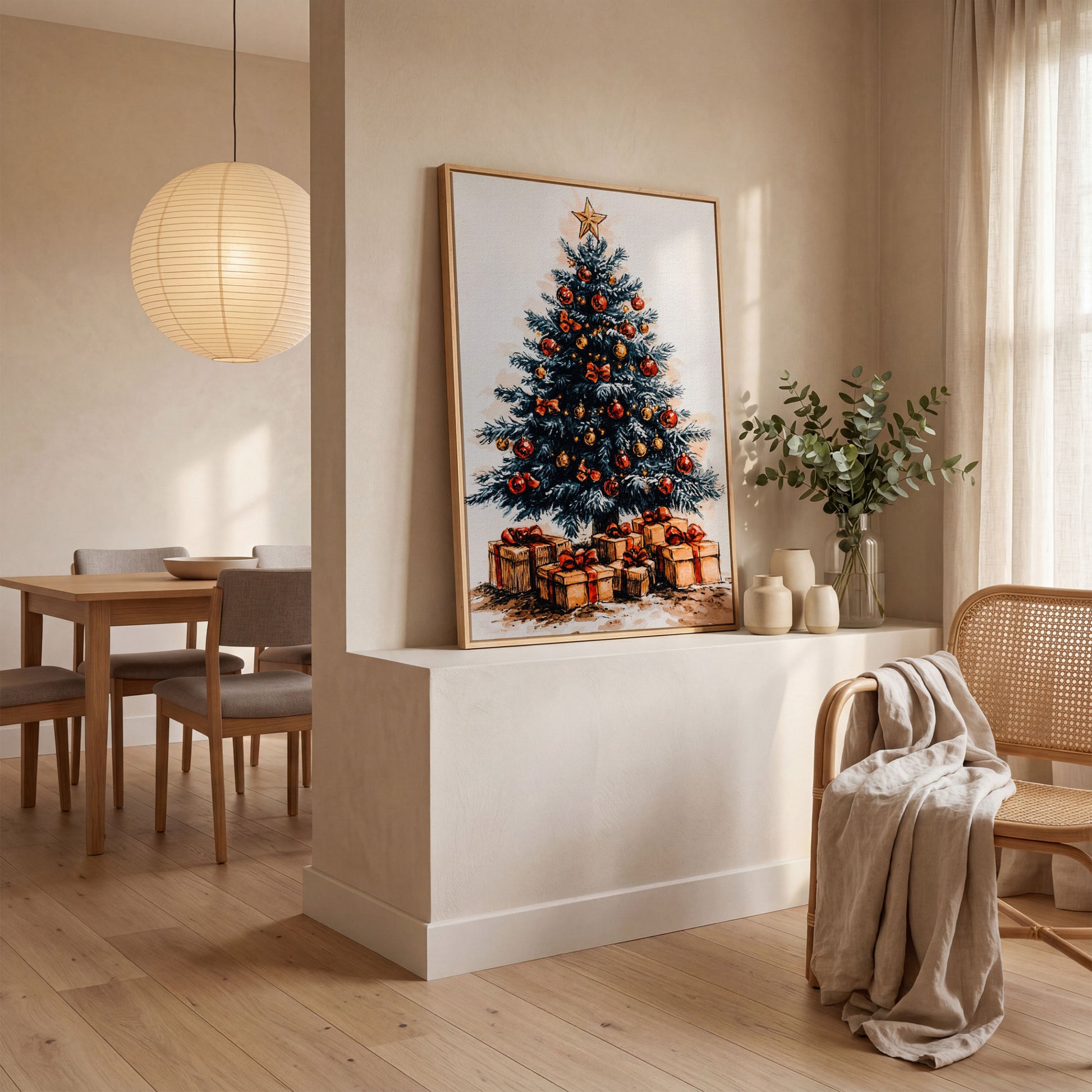 Christmas Tree with Gifts Canvas in Ochre and Crimson in white oak floating frame
