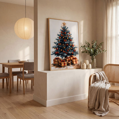 Christmas Tree with Gifts Canvas in Ochre and Crimson in white oak floating frame