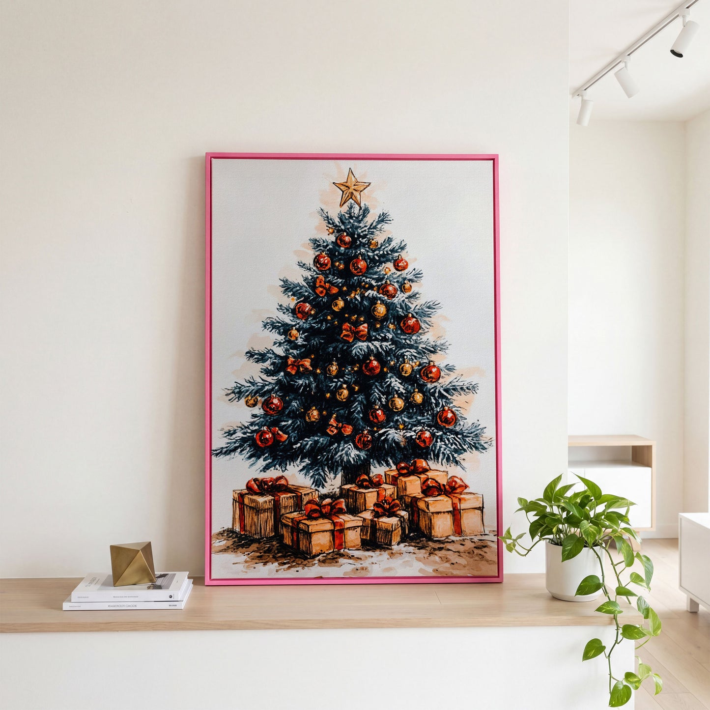 Christmas Tree with Gifts Canvas in Ochre and Crimson in pink floating frame
