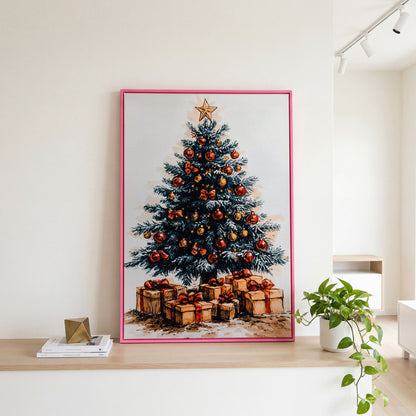 Christmas Tree with Gifts Canvas in Ochre and Crimson in pink floating frame