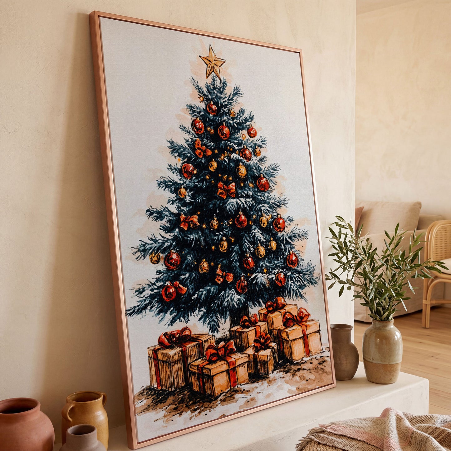 Christmas Tree with Gifts Canvas in Ochre and Crimson in rose gold floating frame
