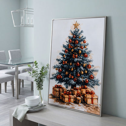 Christmas Tree with Gifts Canvas in Ochre and Crimson in silver floating frame