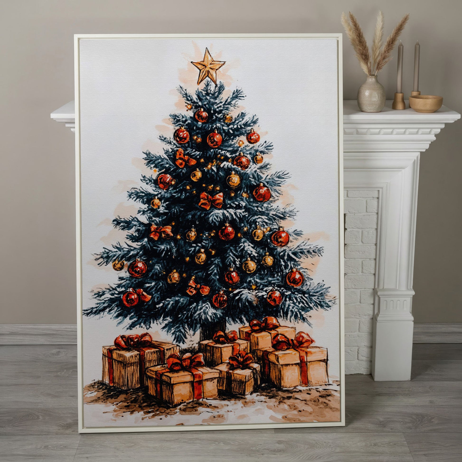 Christmas Tree with Gifts Canvas in Ochre and Crimson in white floating frame