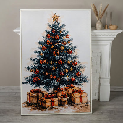 Christmas Tree with Gifts Canvas in Ochre and Crimson in white floating frame