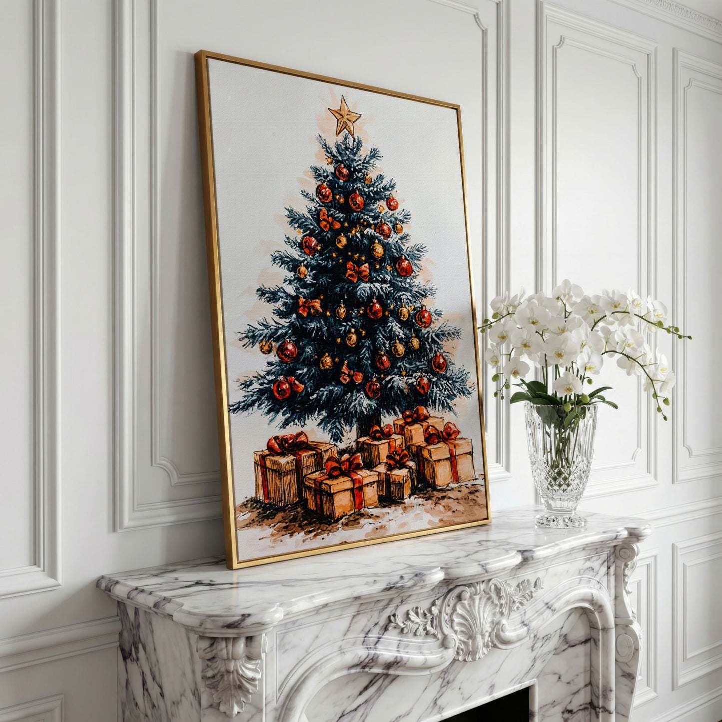 Christmas Tree with Gifts Canvas in Ochre and Crimson in yellow gold floating frame