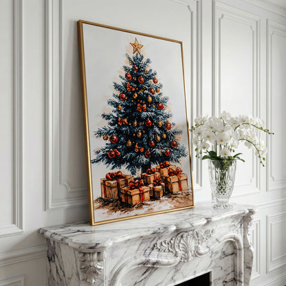 Christmas Tree with Gifts Canvas in Ochre and Crimson in yellow gold floating frame