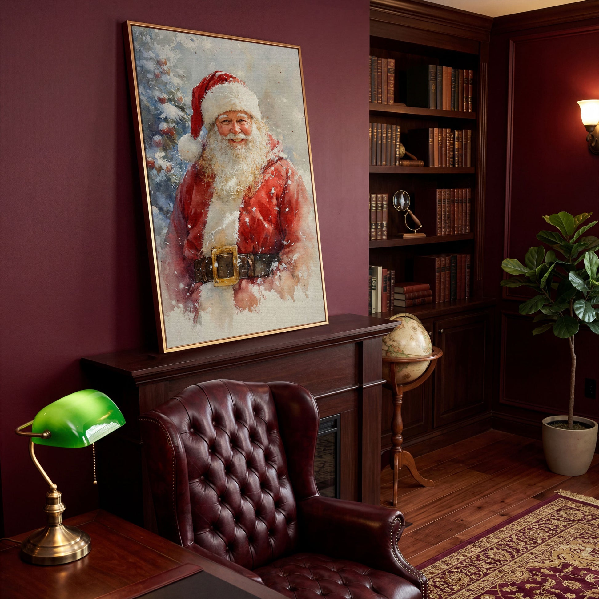 Happy Santa Claus Canvas Print in Watercolor in antique gold floating frame