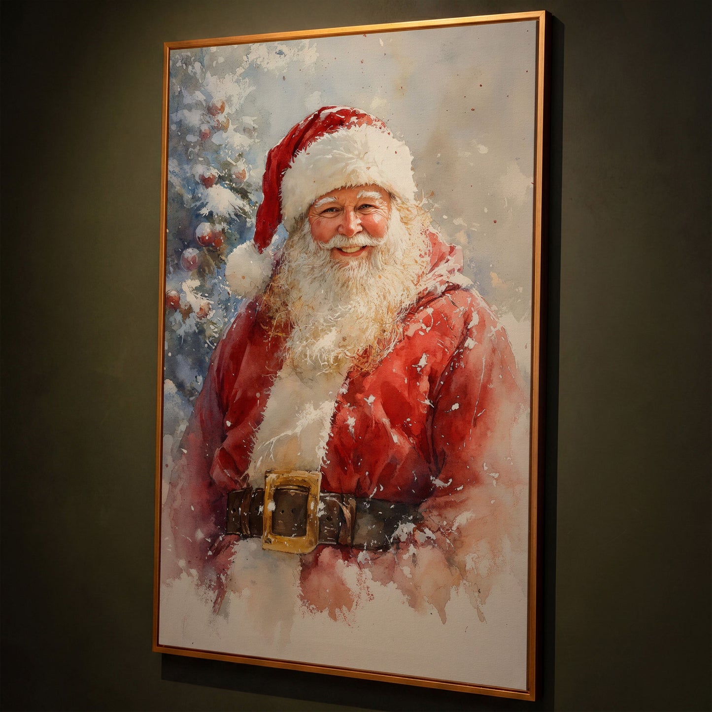 Happy Santa Claus Canvas Print in Watercolor shown in antique gold floating frame