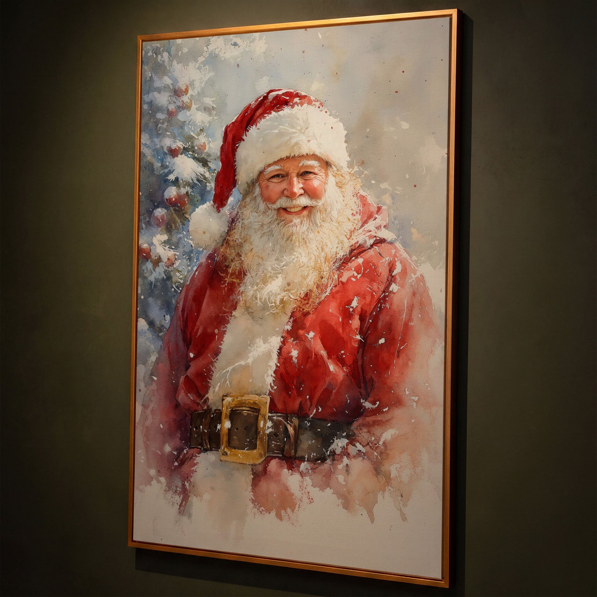 Happy Santa Claus Canvas Print in Watercolor shown in antique gold floating frame