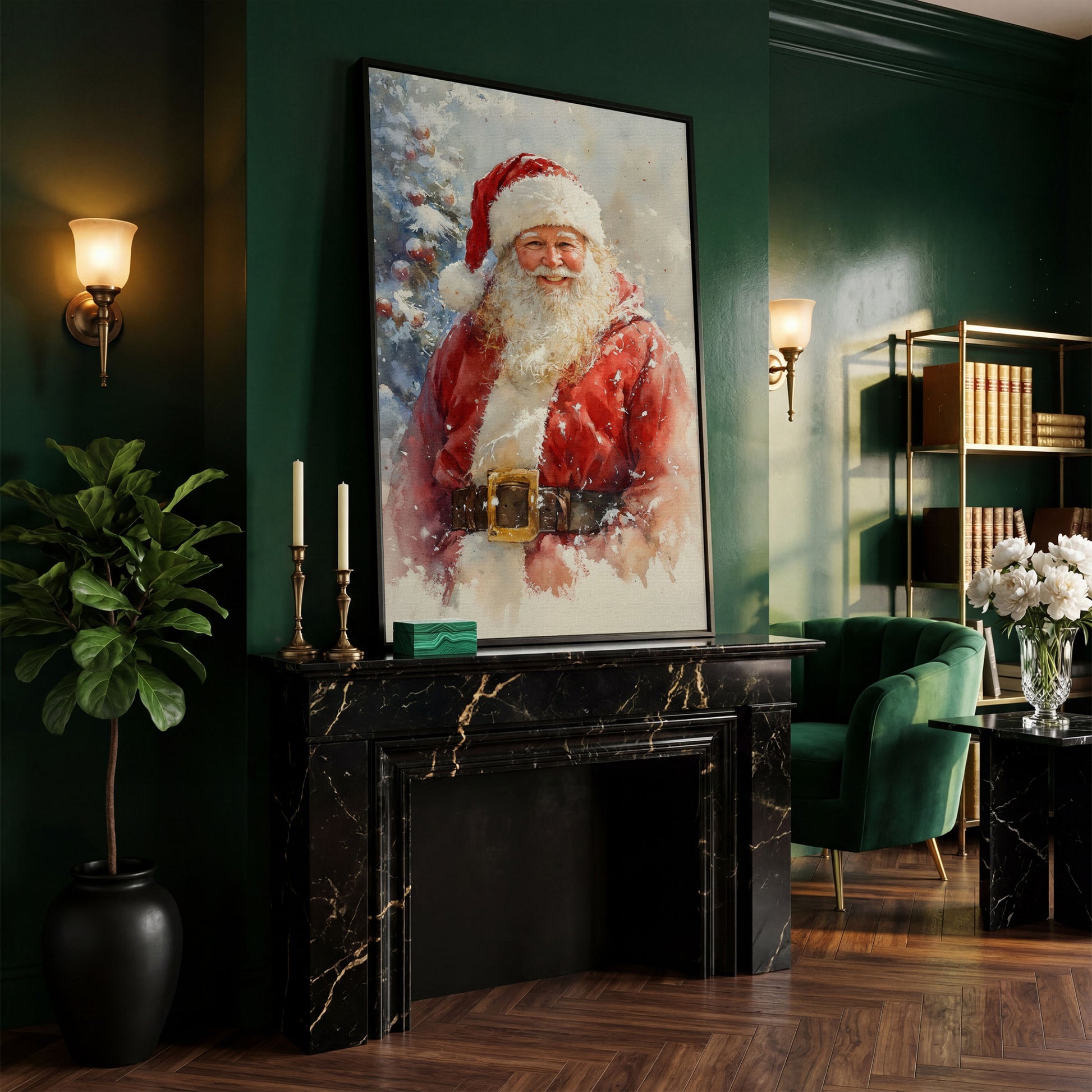 Happy Santa Claus Canvas Print in Watercolor in black floating frame