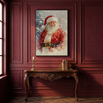 Happy Santa Claus Canvas Print in Watercolor in dark walnut floating frame
