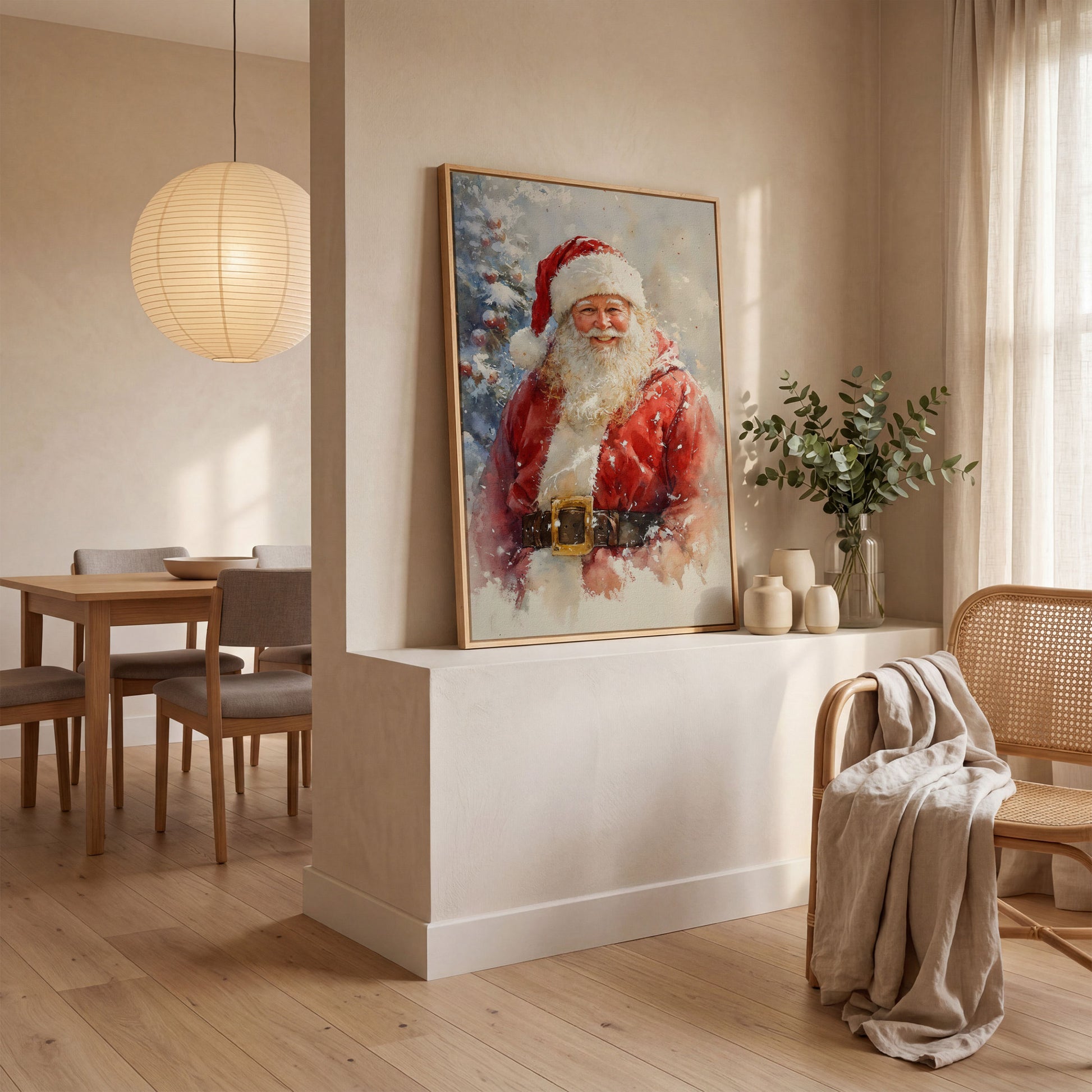 Happy Santa Claus Canvas Print in Watercolor in white oak floating frame