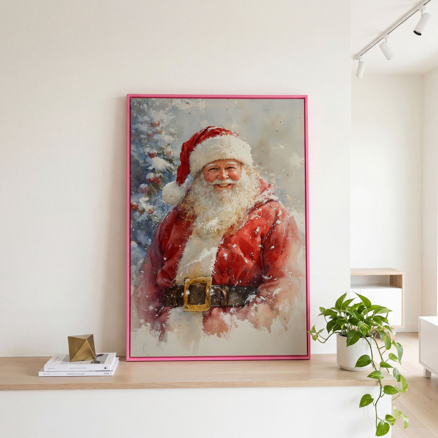 Happy Santa Claus Canvas Print in Watercolor in pink floating frame