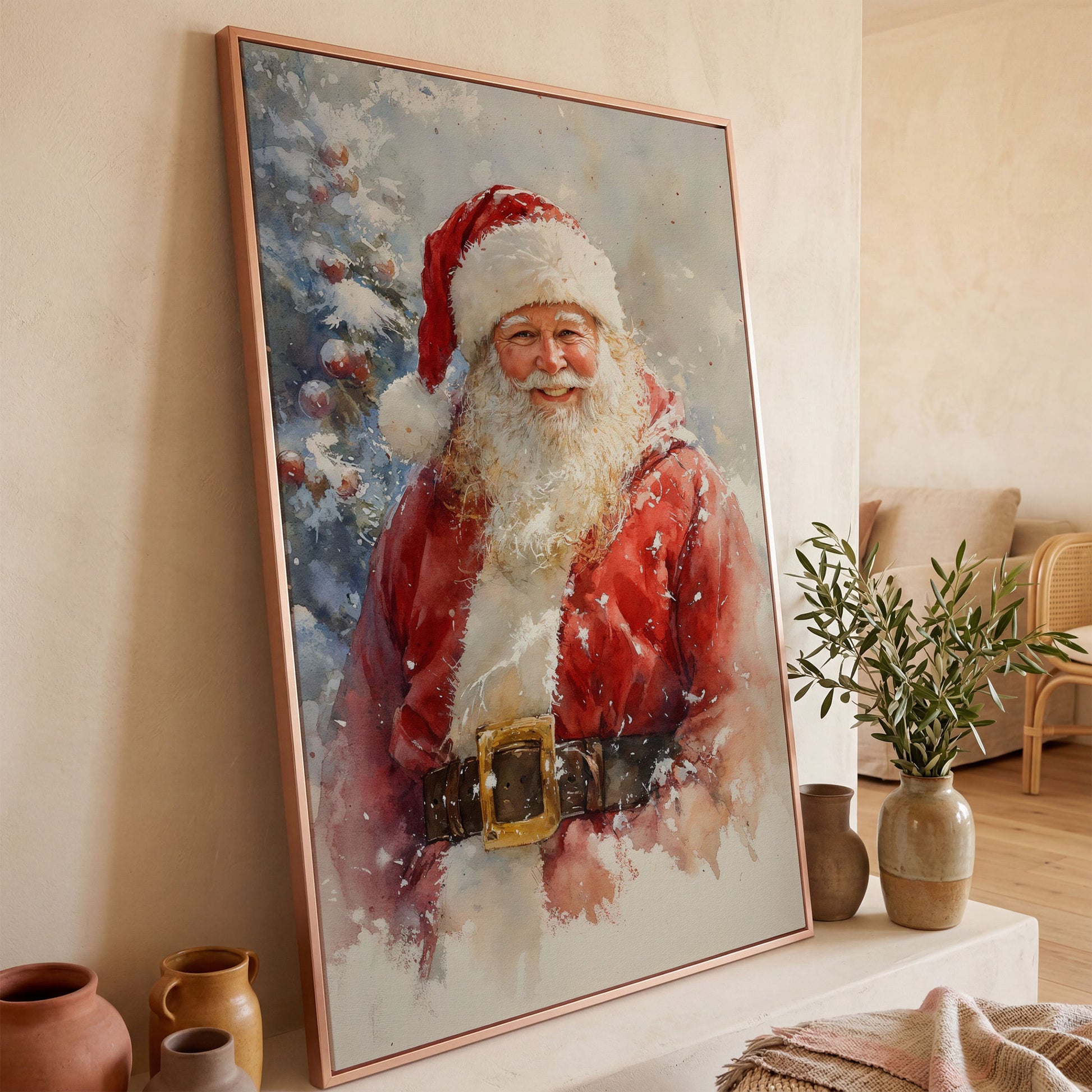 Happy Santa Claus Canvas Print in Watercolor in rose gold floating frame