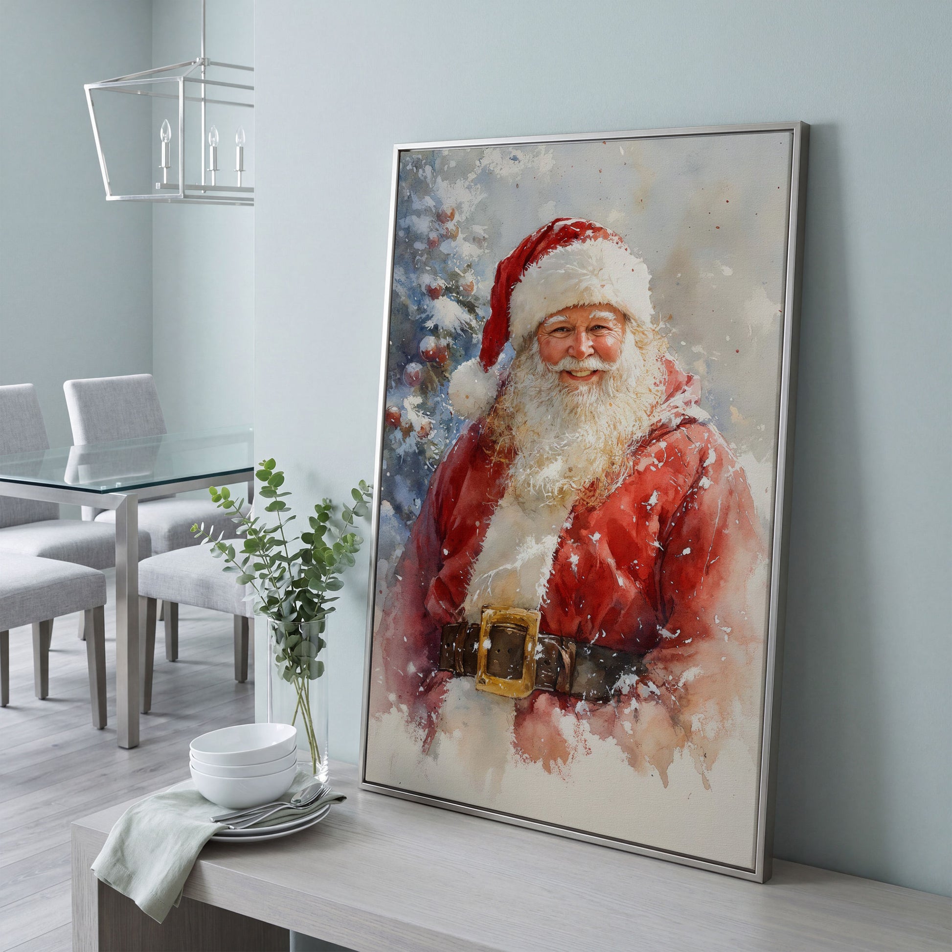 Happy Santa Claus Canvas Print in Watercolor in silver floating frame