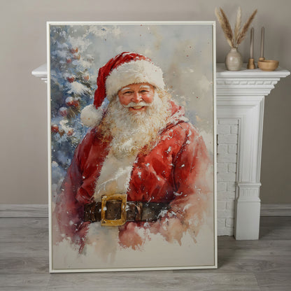 Happy Santa Claus Canvas Print in Watercolor in white floating frame