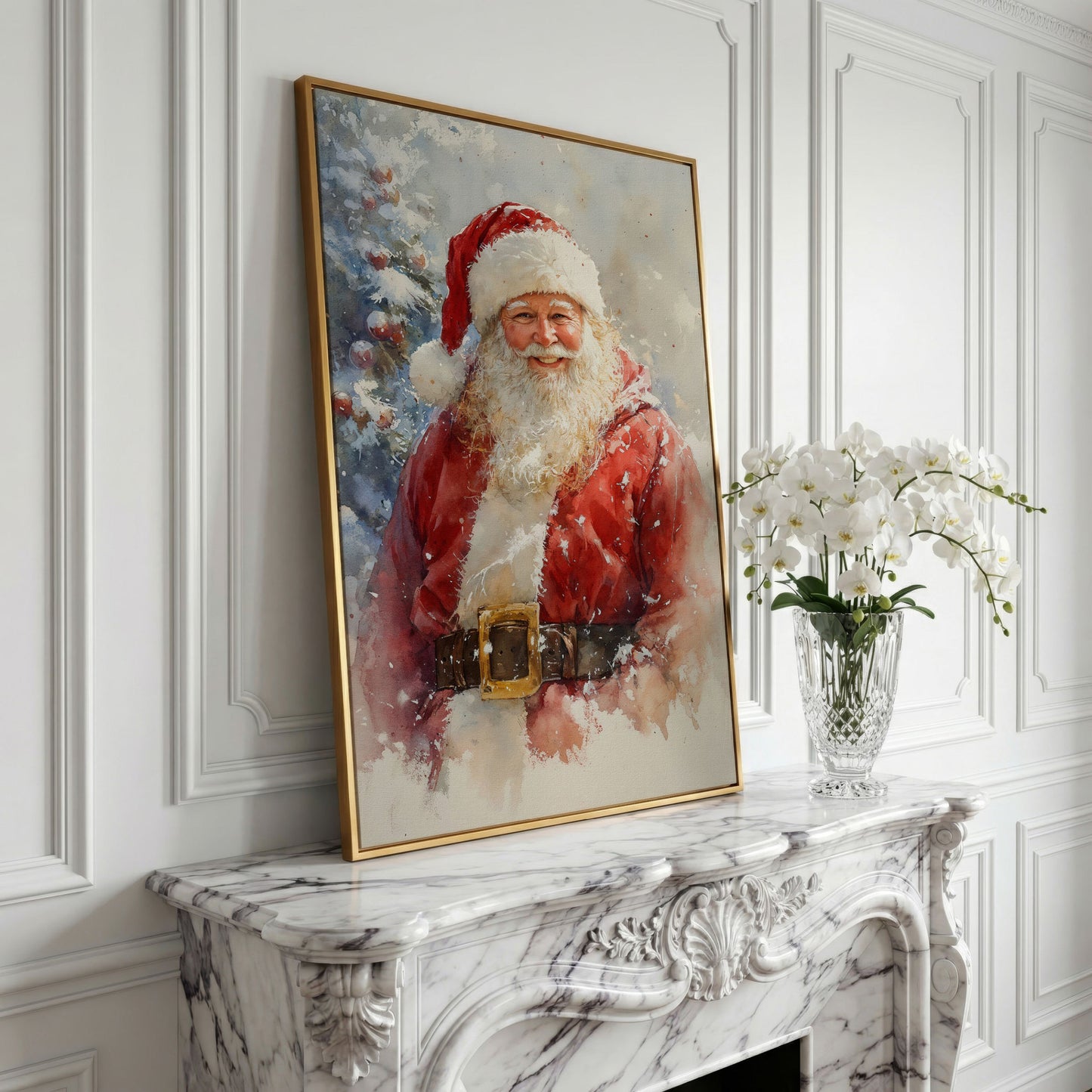 Happy Santa Claus Canvas Print in Watercolor in yellow gold floating frame