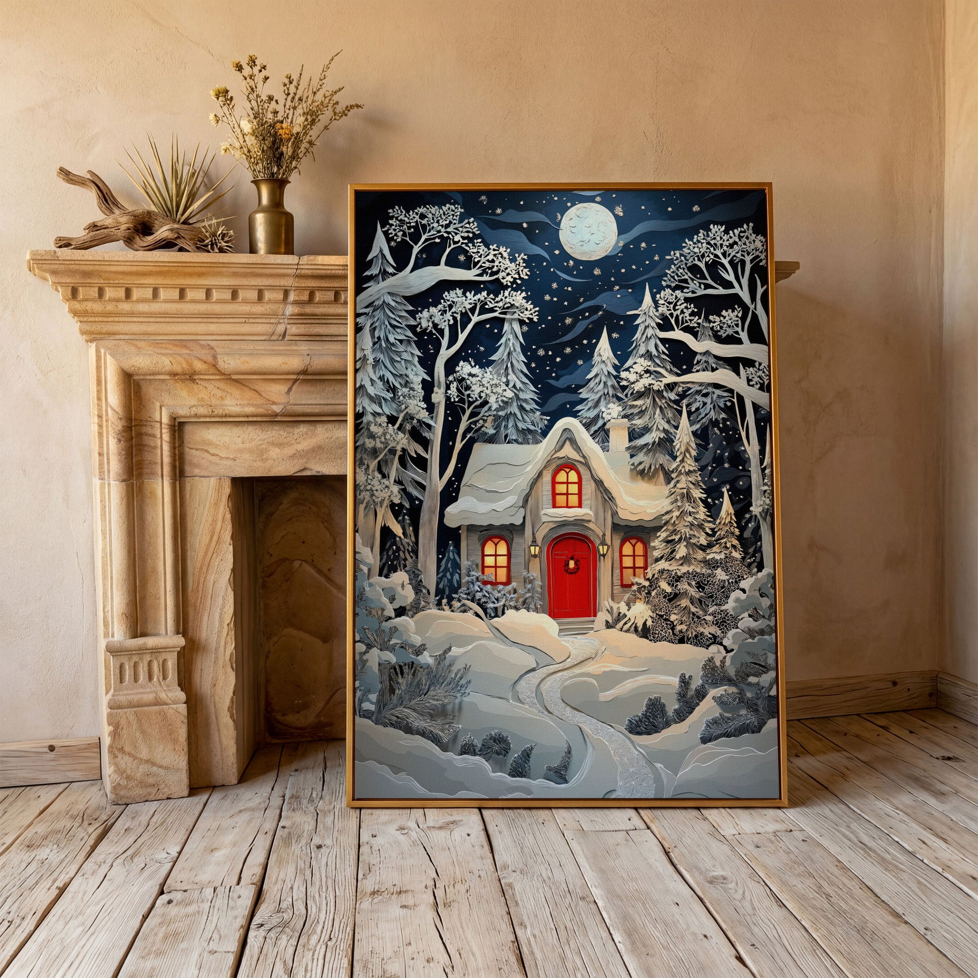 Cozy Cottage in Snowy Forest Canvas Print in antique gold floating frame