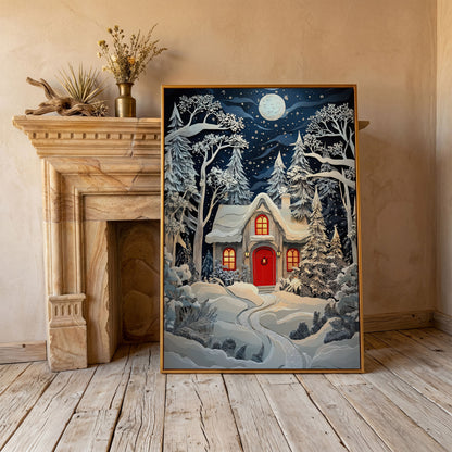 Cozy Cottage in Snowy Forest Canvas Print in antique gold floating frame