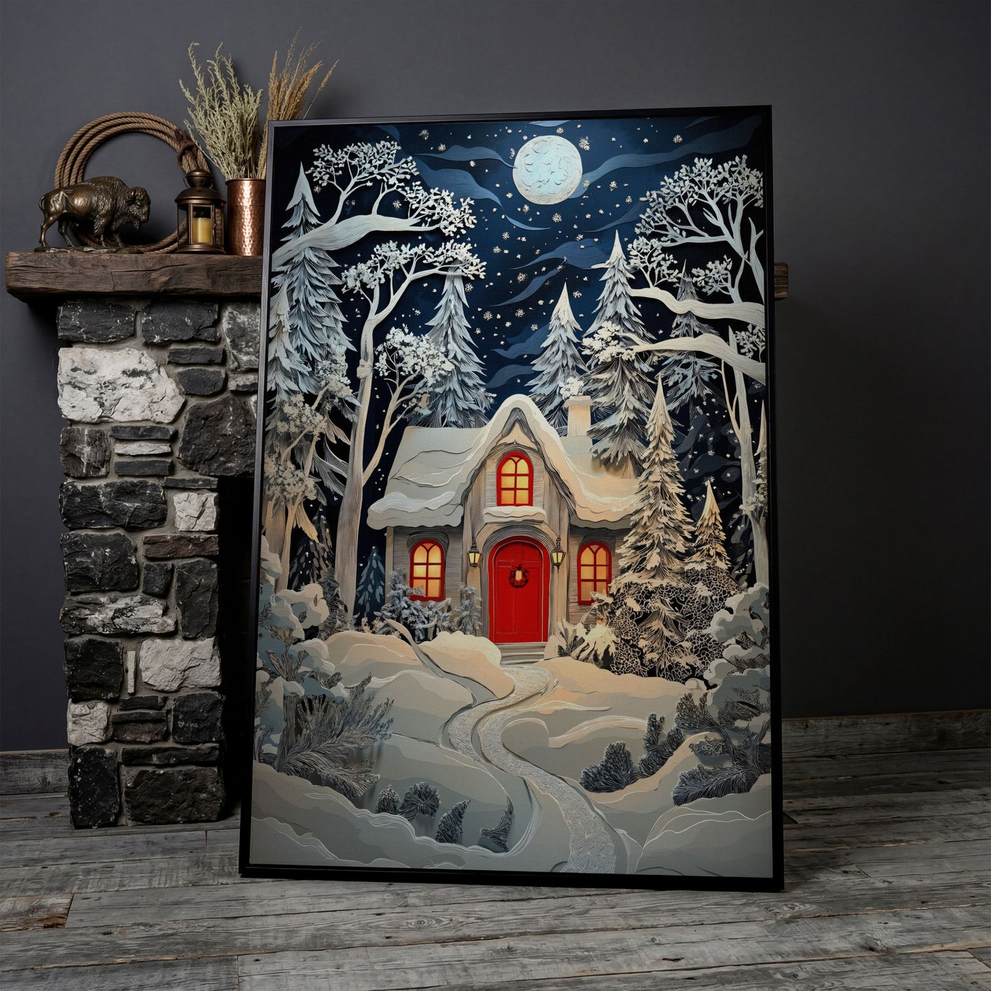 Cozy Cottage in Snowy Forest Canvas Print in black floating frame