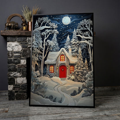 Cozy Cottage in Snowy Forest Canvas Print in black floating frame
