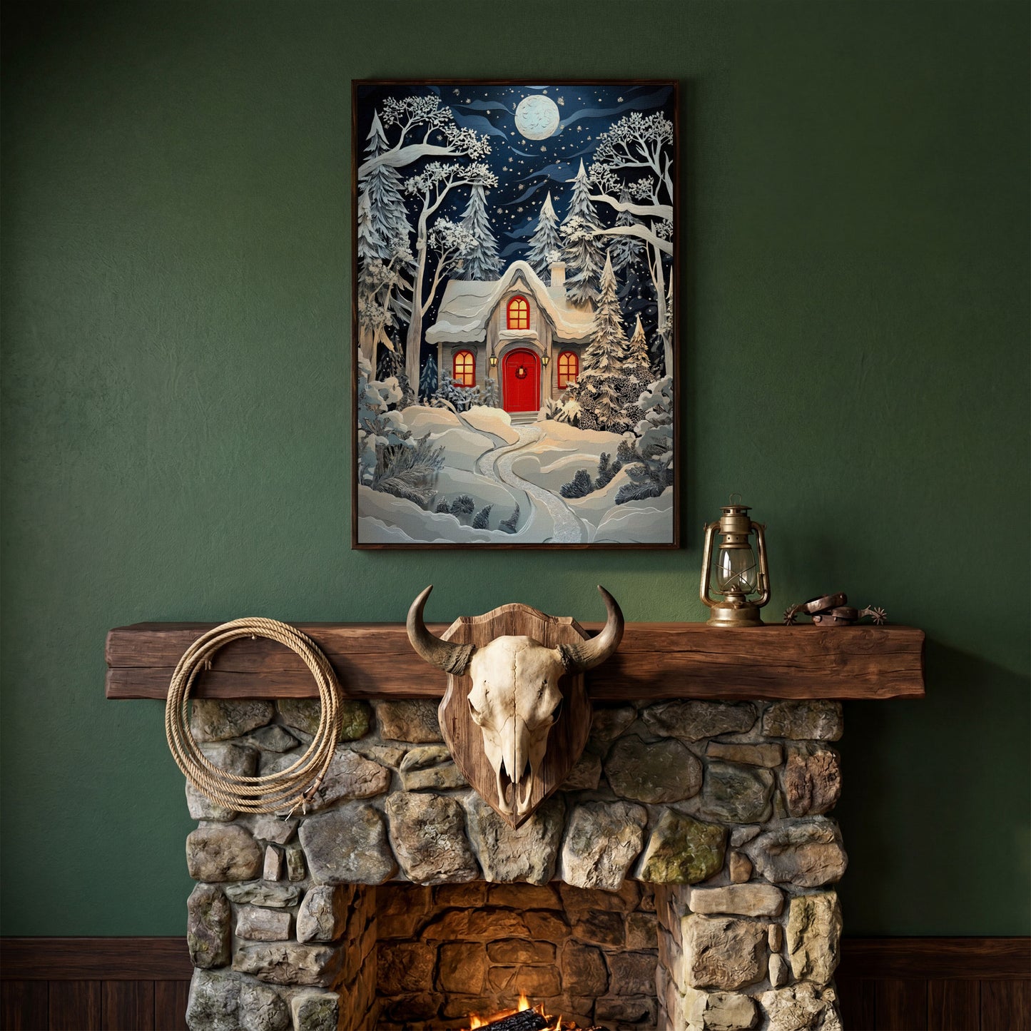 Cozy Cottage in Snowy Forest Canvas Print in dark walnut floating frame