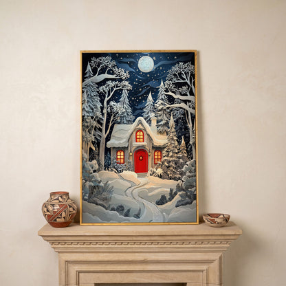Cozy Cottage in Snowy Forest Canvas Print in white oak floating frame