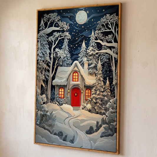 Cozy Cottage in Snowy Forest Canvas Print shown in white oak floating frame