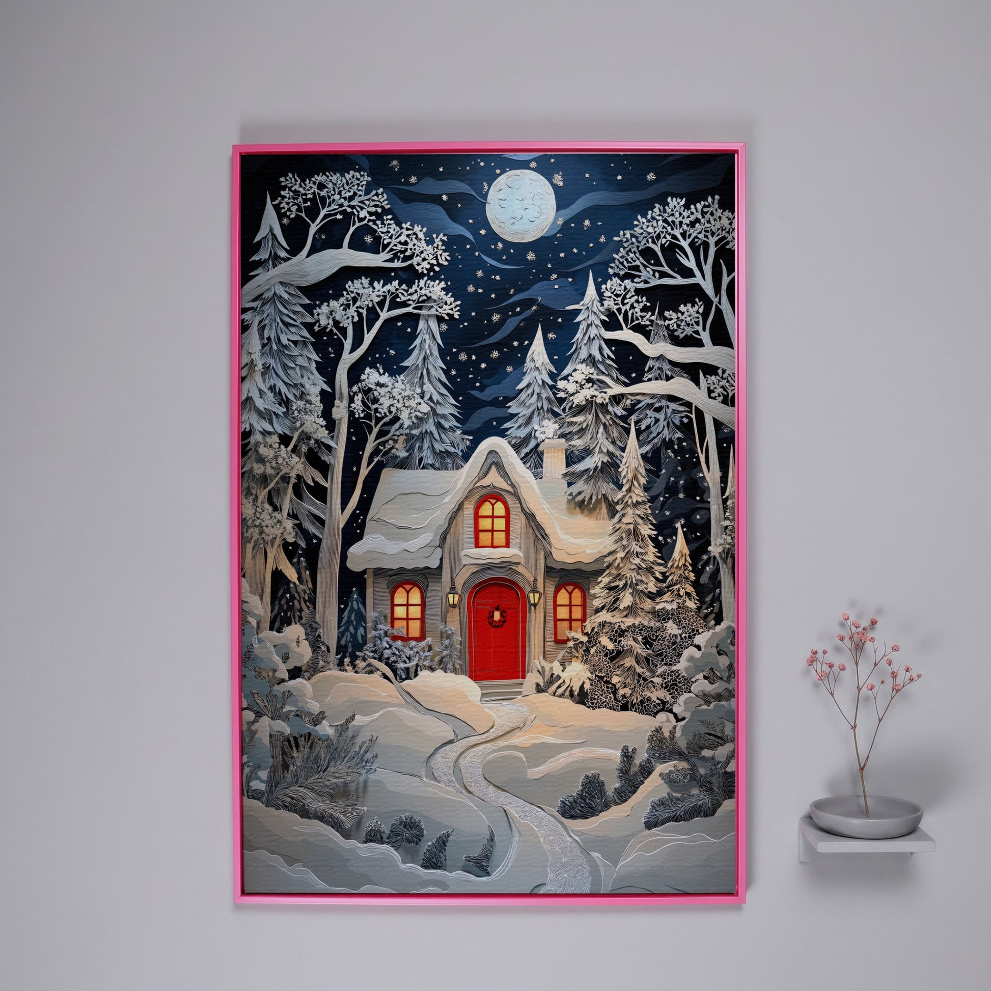 Cozy Cottage in Snowy Forest Canvas Print in pink floating frame