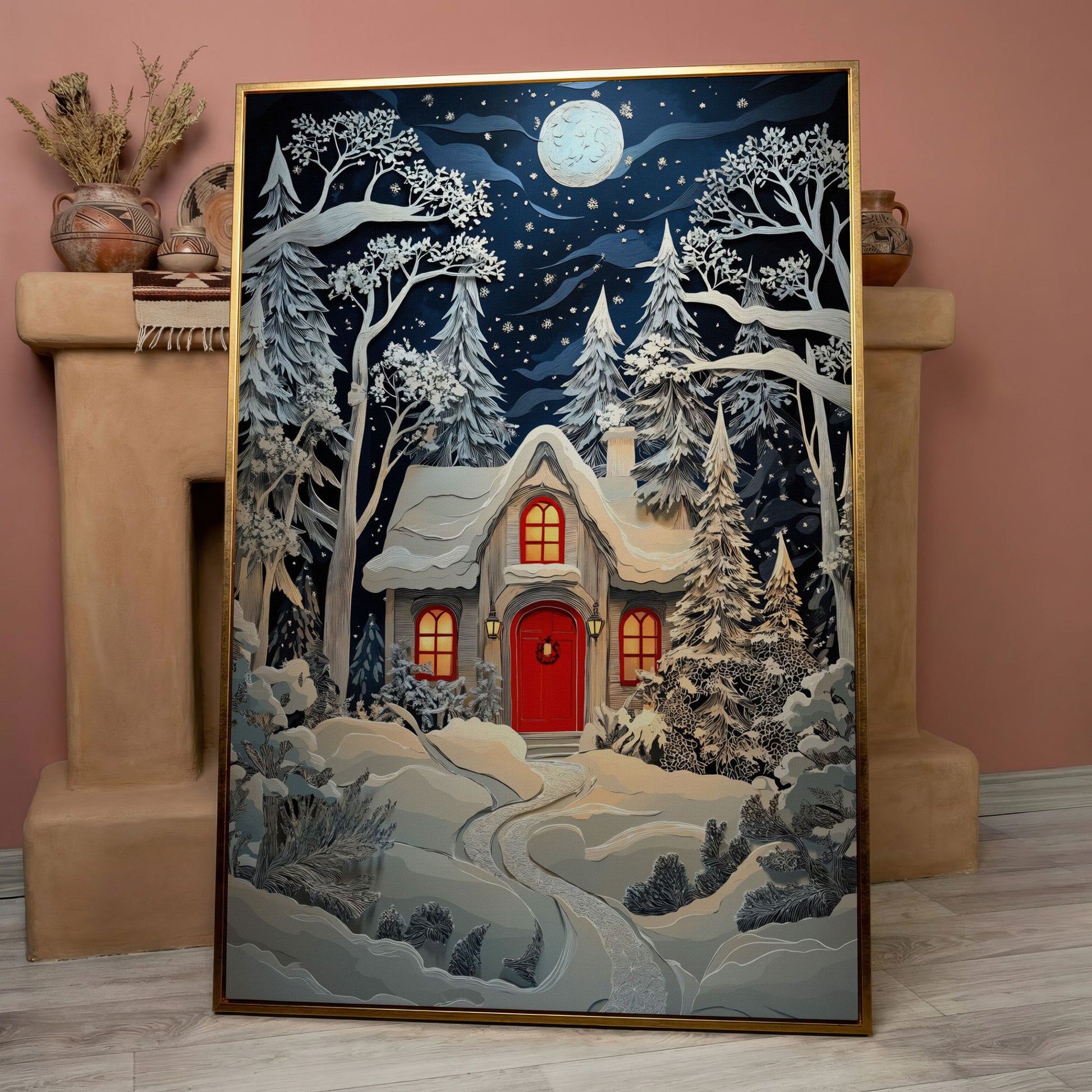 Cozy Cottage in Snowy Forest Canvas Print in rose gold floating frame