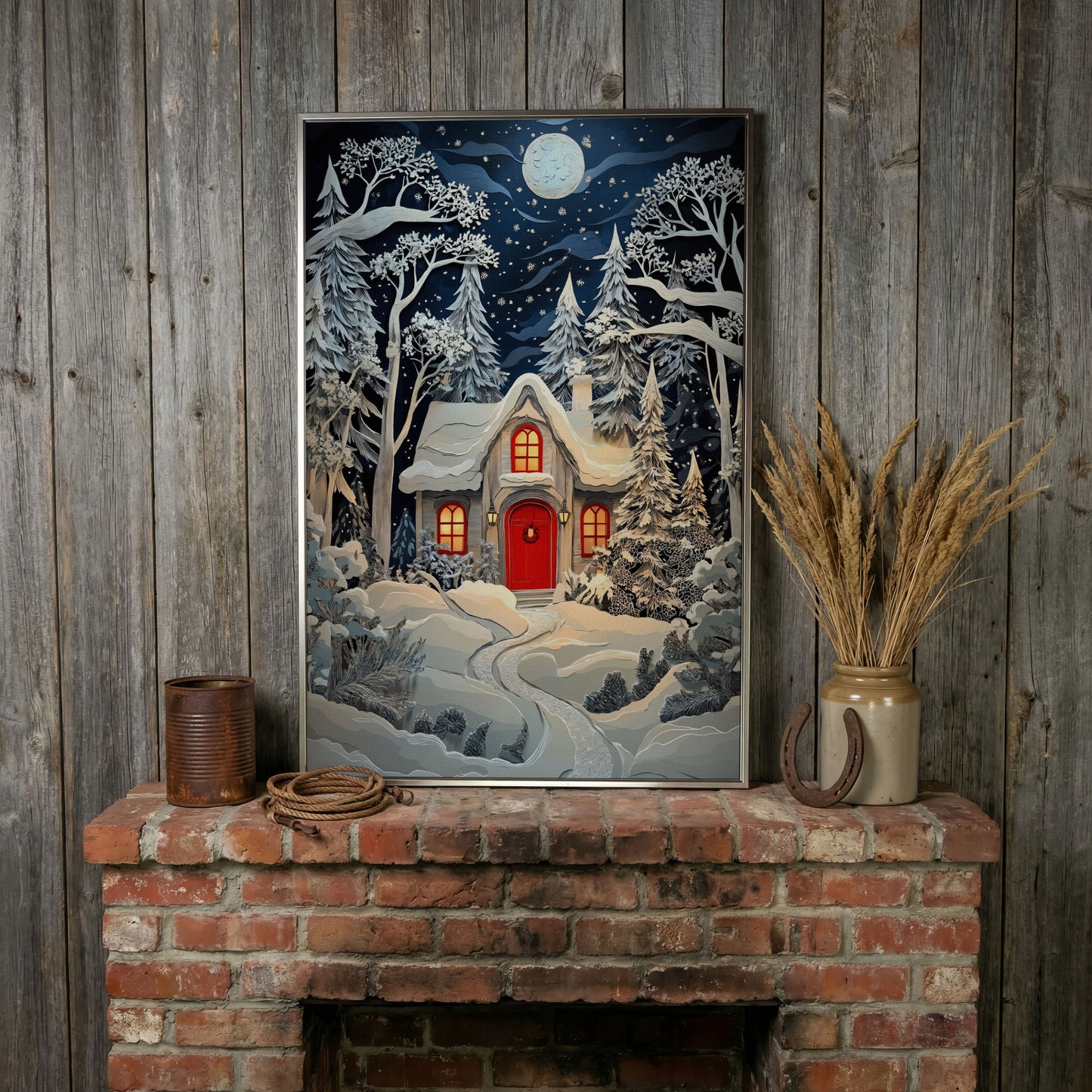 Cozy Cottage in Snowy Forest Canvas Print in silver floating frame