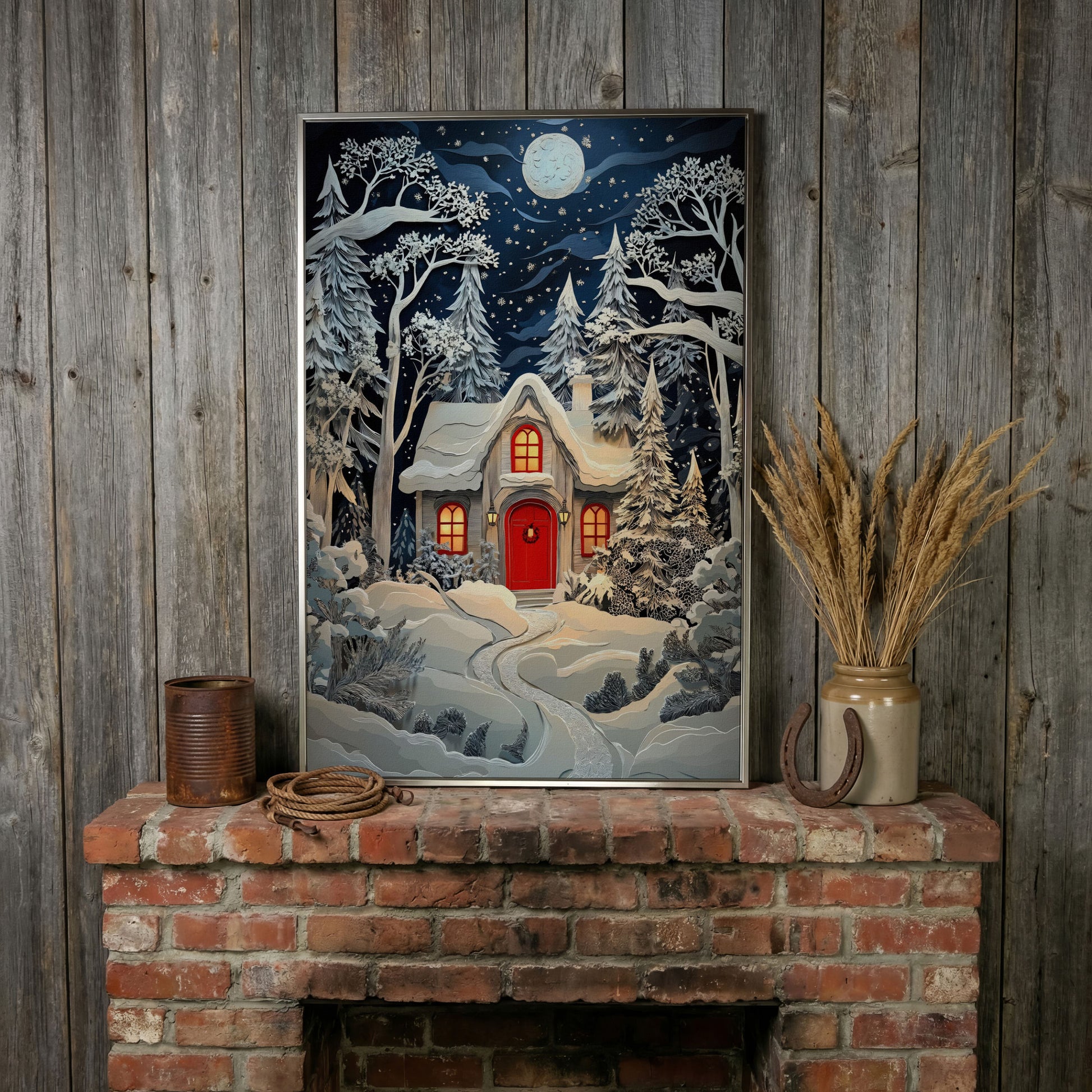Cozy Cottage in Snowy Forest Canvas Print in silver floating frame