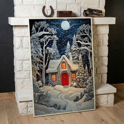 Cozy Cottage in Snowy Forest Canvas Print in white floating frame