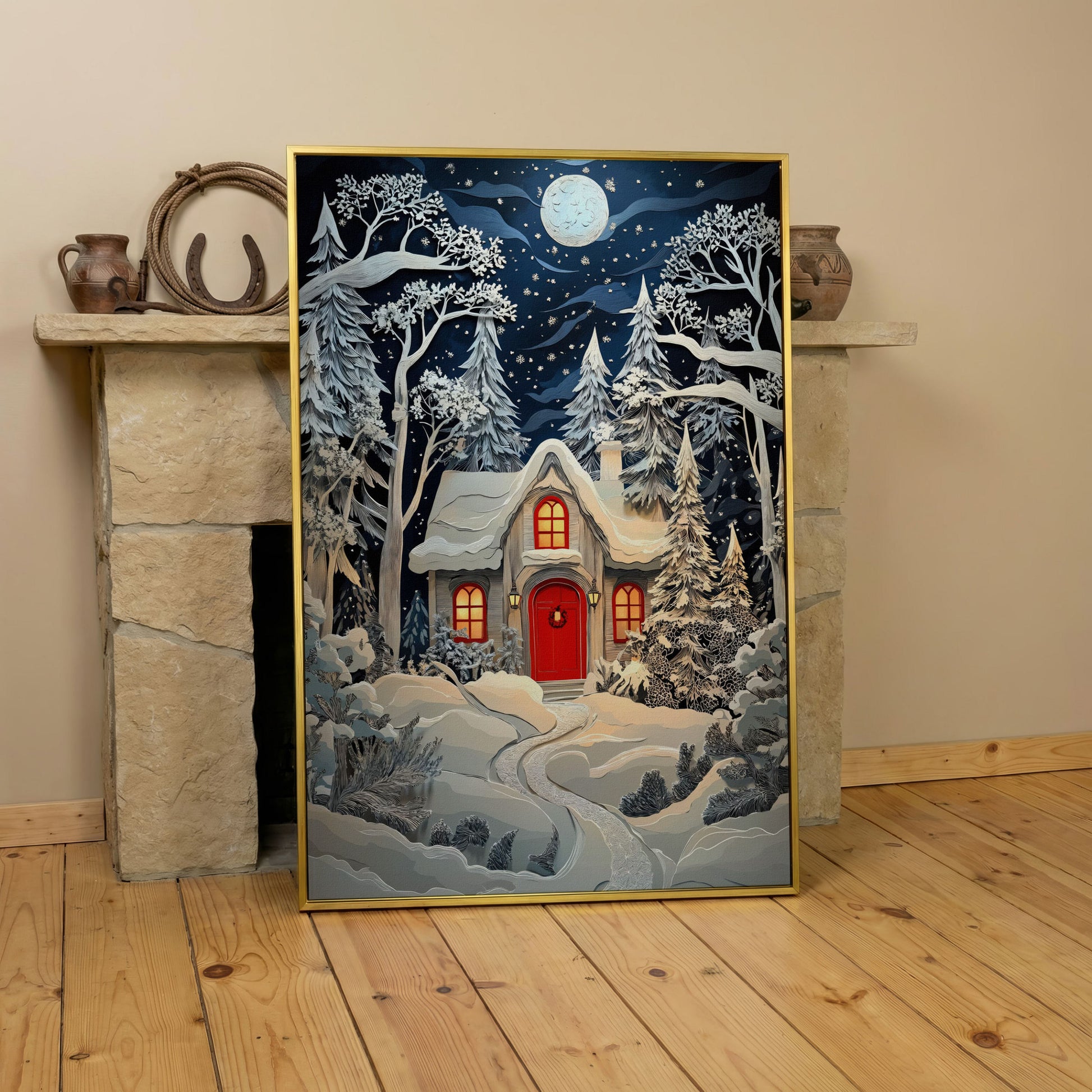 Cozy Cottage in Snowy Forest Canvas Print in yellow gold floating frame