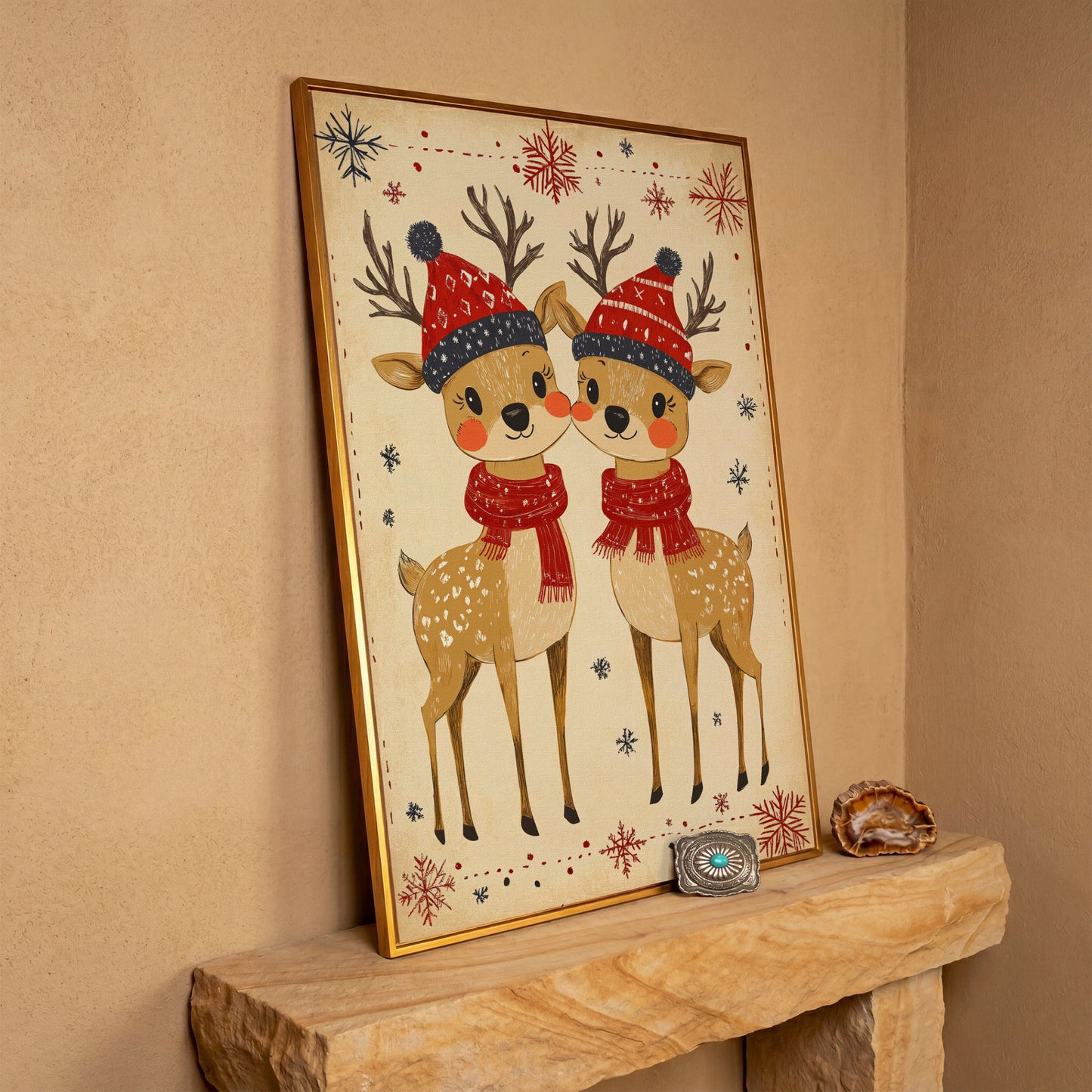 Reindeer with Red Hats Canvas Print, Retro Christmas in antique gold floating frame