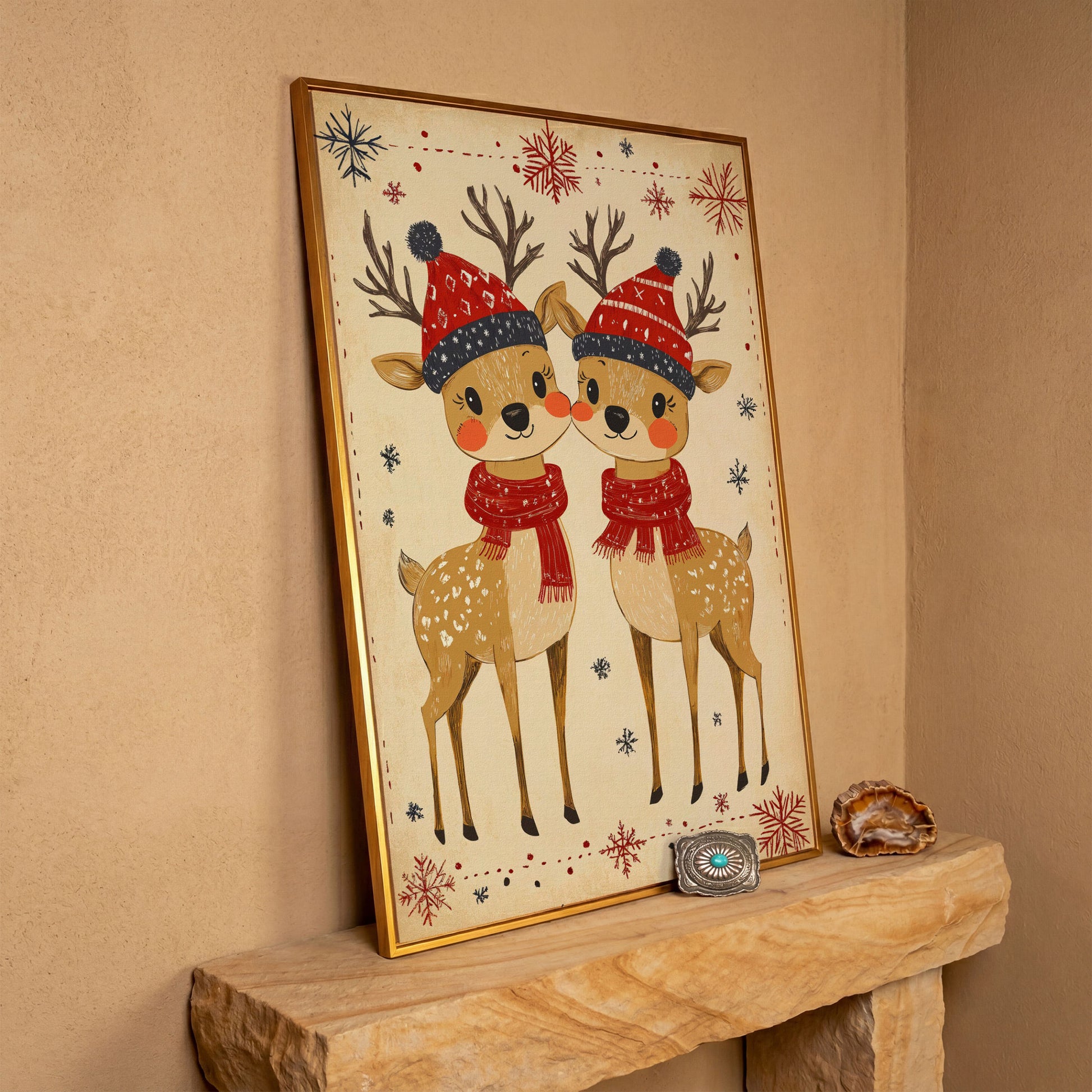 Reindeer with Red Hats Canvas Print, Retro Christmas in antique gold floating frame