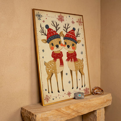 Reindeer with Red Hats Canvas Print, Retro Christmas in antique gold floating frame