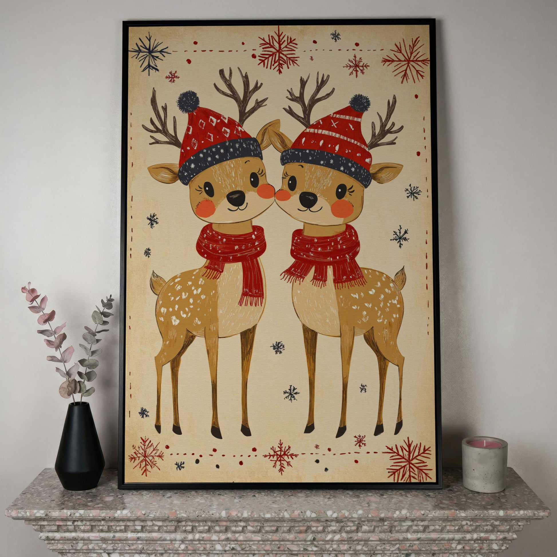 Reindeer with Red Hats Canvas Print, Retro Christmas in black floating frame