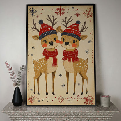 Reindeer with Red Hats Canvas Print, Retro Christmas in black floating frame