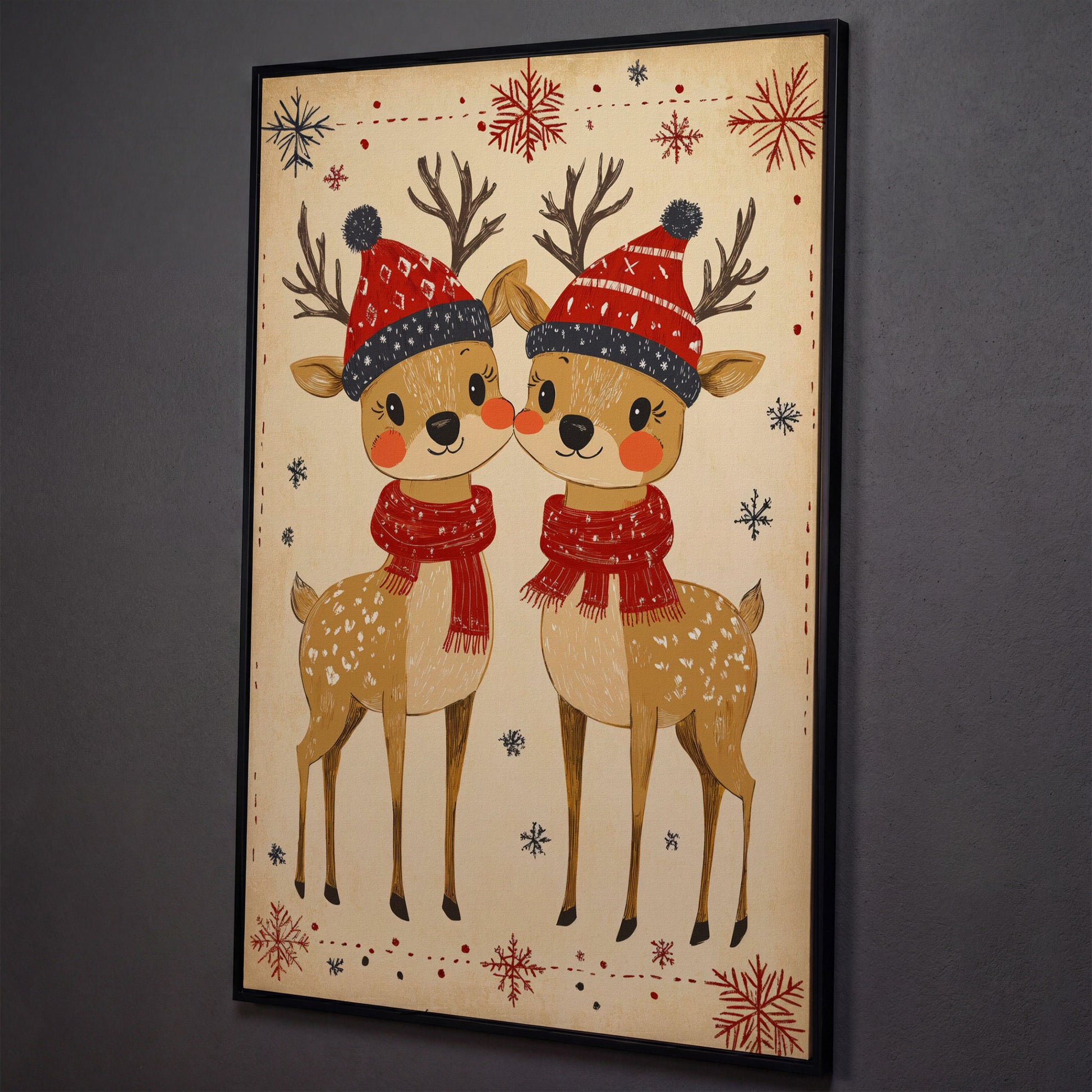 Reindeer with Red Hats Canvas Print, Retro Christmas shown in black floating frame