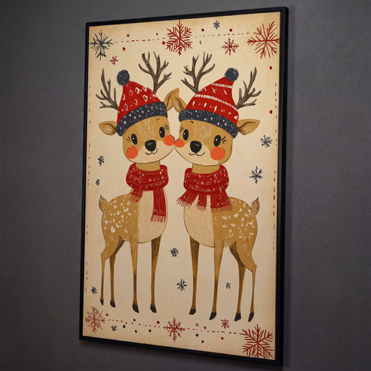 Reindeer with Red Hats Canvas Print, Retro Christmas shown in black floating frame