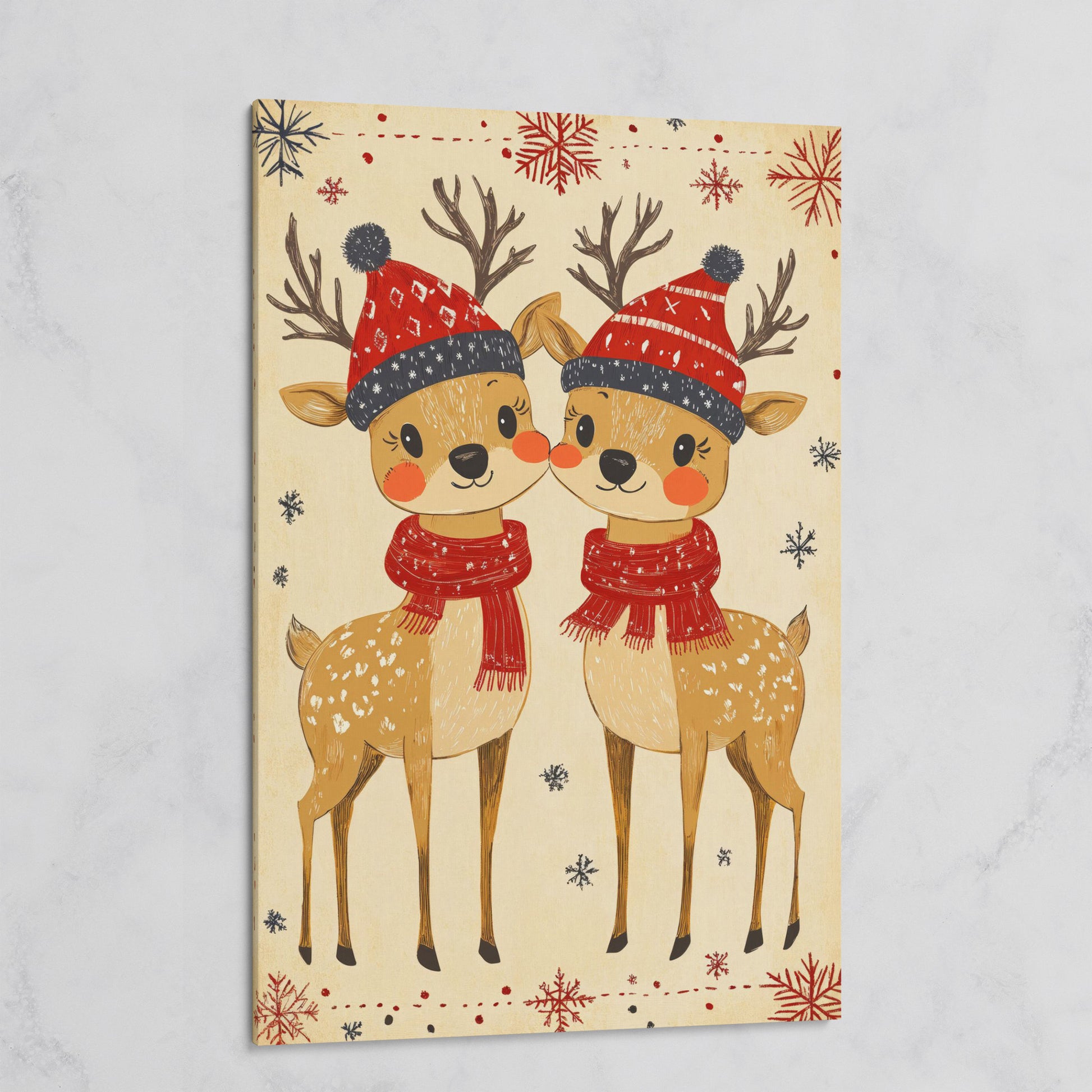 Reindeer with Red Hats Canvas Print, Retro Christmas on gallery wrap