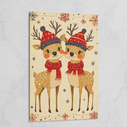 Reindeer with Red Hats Canvas Print, Retro Christmas on gallery wrap